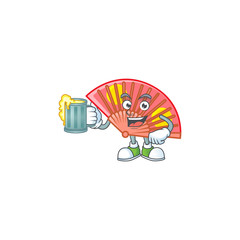 Sticker - Happy red chinese folding fan mascot design with a big glass