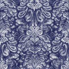 Damask indigo dyed effect distressed worn bleached graphical motif. Noisy brushed faded mottled, intricate grungy stained navy design. Seamless repeat raster jpg pattern swatch.