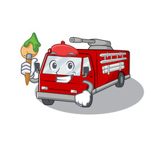 Wall Mural - Cartoon character of fire truck Artist with a brush