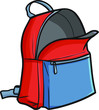 Funny and cute cool red blue backpack opened ready to be filled with something