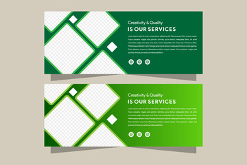 Wall Mural - Template of gradient green web banner with square elements for a photo collage. Universal design for advertising business, travel, food and othe. Photo of a mosaic for a sample.