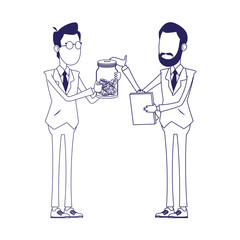 Poster - cartoon businessmen with money box and clipboard, flat design