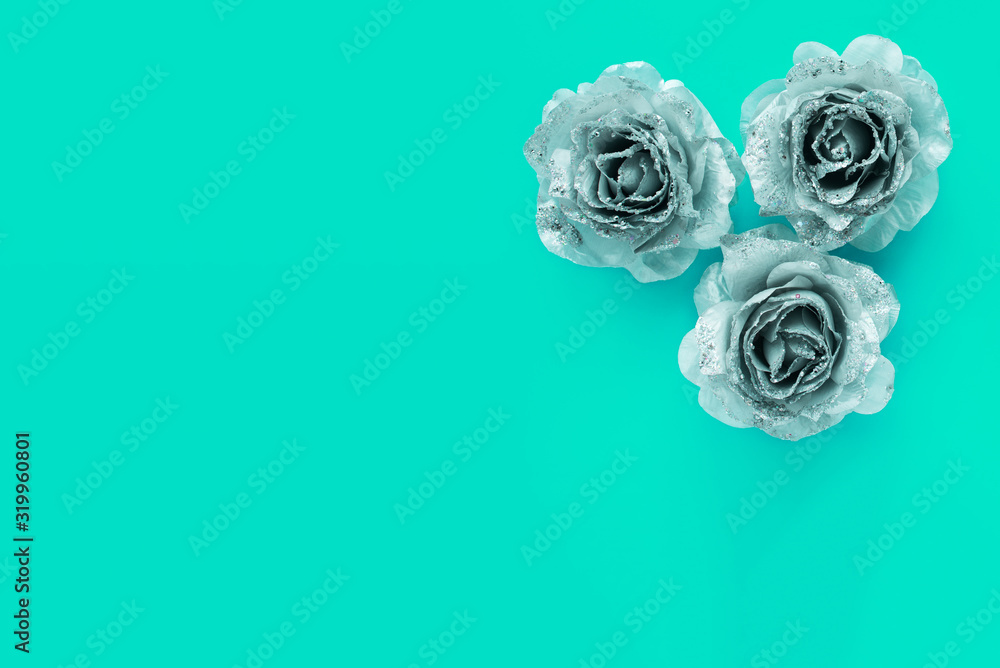 Tiffany background for text with silver glittering roses. Valentine day ...