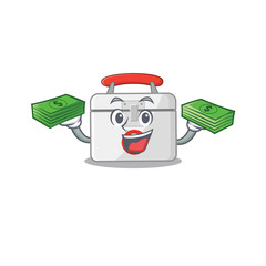 Canvas Print - happy rich first aid kit character with money on hands