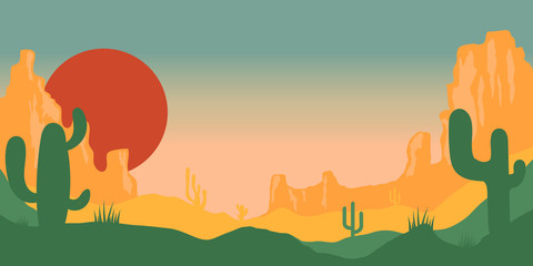 Desert landscape with cactuses and mountains in cartoon style. Design element for poster, card, banner, flyer.