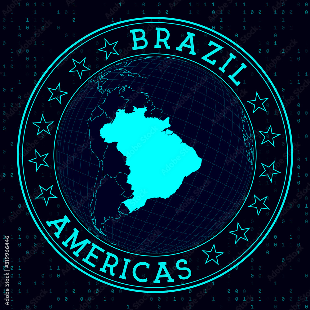 Brazil round sign. Futuristic satellite view of the world centered on ...