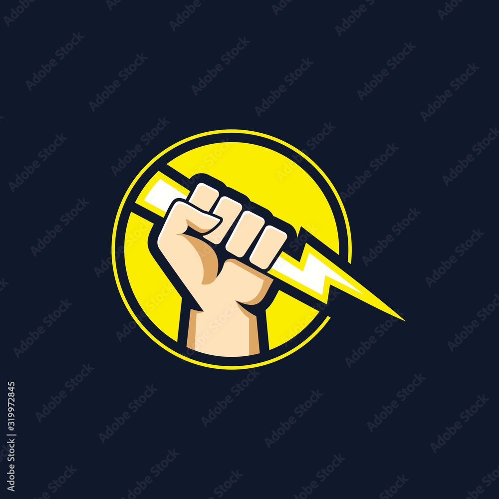 Hand Thunder Vector Powerful Fist Holding Lightning Bolt Vector Logo. Emblem for Energy ...