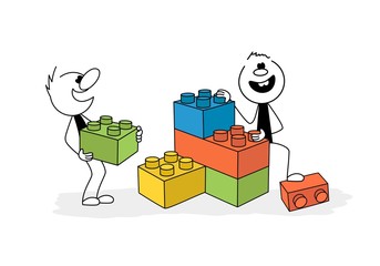 Sticker - Doodle stick figure: happy men playing blocks. Hand drawn cartoon vector illustration for business and school design.