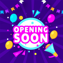 Sticker - Sticker Style Opening Soon Text with Loudspeaker, Balloons and Bunting Flags on Purple Rays Background.