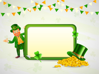 Sticker - Happiness Leprechaun Man holding Empty Rectangle Frame with Hat, Shamrock Leaves and Golden Coins on Background.