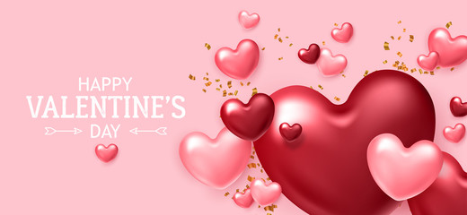 Wall Mural - Valentine's day banner template for social media advertising, invitation or poster design with realistic  heart shapes background.