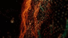 Plexus Of Abstract Orange And Green Dots On A Black Background. Loop Animations. 3D Illustration
