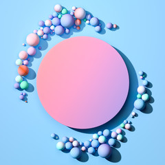 Wall Mural - Round Pink Blank Banner Near Multicolored Pastel Bubbles Isolated On Light Blue Background. 3d Rendering.