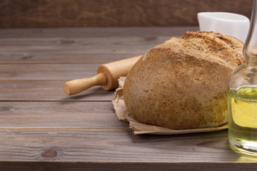 Sticker - bread on wooden table background