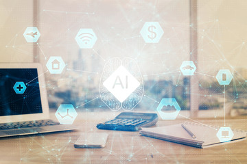 double exposure of desktop computer and technology theme hologram. concept of software development.