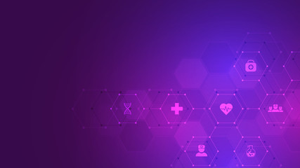 Wall Mural - healthcare and technology concept with flat icons and symbols. template design for health care busin