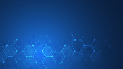 Abstract background of molecules. Molecular structures or chemical engineering, genetic research, innovation technology. Scientific, technical or medical concept.