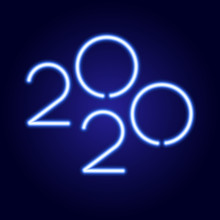 Happy New Year 2020 Design Template Title From Glowing Blue Neon Luminescence Lines On Classic Blue Dark Background. Vector Illustration.
