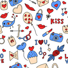 Wall Mural - Seamless vector pattern with elements on the theme of Valentine's Day. Ideal for wrapping paper, printing on clothes