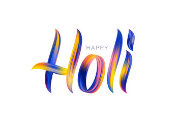 Wall Mural - handwritten calligraphic brush stroke colorful acrylic paint lettering of happy holi