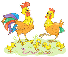 Wall Mural - Chicken family. Cockerel, chicken and chicks look at the worm in the meadow.  In cartoon style. Isolated on white background. Vector illustration.