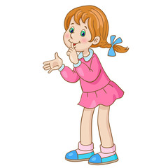 Wall Mural - Cute little girl stands with her finger pressed to lips. In cartoon style. Isolated on white background. Vector illustration.