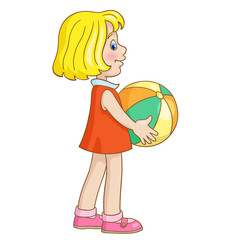 Poster - Little cute girl with a big ball in her hands. In cartoon style. Isolated on white background. Vector illustration.