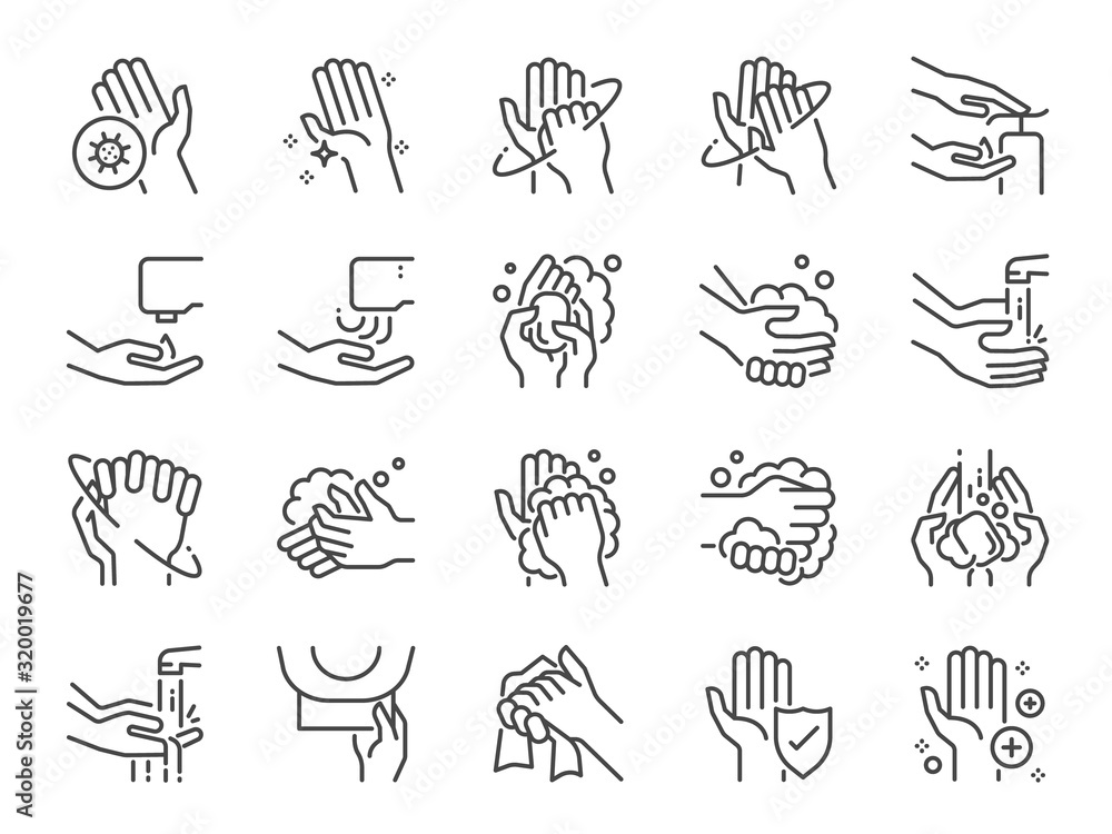 Hand washing line icon set. Included icons as wash, tissue paper, cleaning, hand dryer, soap, wipe, sanitary and more. - obrazy, fototapety, plakaty 