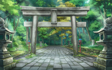 Wall Mural - Torii forest - Day , Anime background , Illustration.
