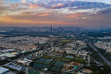 Poster - Aerial View of rural green fields in Hong Kong border and skylines in Shenzhen,China