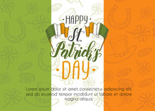 St Patrick's Day Poster On Irish Flag. Hand Drawn Doodle St. Patrick's Hat, Horseshoe,  Irish Flag, Four-leaf Clover And Gold Coins. St Patrick's Day 2020. Lettering. 