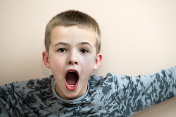 Wall Mural - Closeup portrait of a funny child school boy with open mouth.