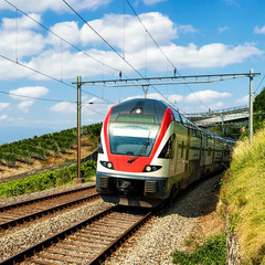 Wall Mural - Running train in Vineyard Terrace hiking trail of Lavaux, Lavaux-Oron district of Switzerland