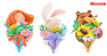Funny Characters With Bouquet Of Flowers. Girl, Easter Bunny, Bear. Plasticine Art Objects. 3d Vector Icon Set