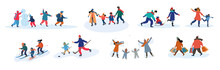 Set Of Eight Different Vector Family Activities In Winter With Parents And Young Children Making A Snowman, Skiing, Skating, Tobogganing, Playing Ice Hockey, Celebrating In The Snow And Shopping