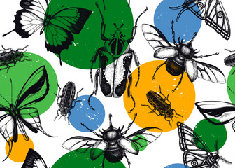 Wall Mural - Tropical insects seamless pattern. Vector backdrop with hand drawn beetles and butterflies. Vintage entomological background. Jungle design with realistic  tropical insects.