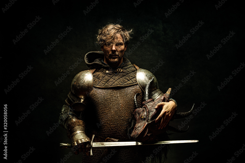 Portrait of a knight in armor, his sword in his hand, holding a dragon head in the other hand - obrazy, fototapety, plakaty 