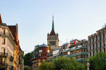 Canvas Print - Street view on Tower of St Pierre Cathedral in the old city of Geneva in Switzerland