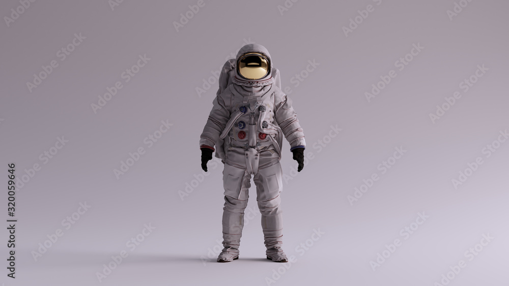 Astronaut with Gold Visor and White Spacesuit With Light Grey Background with Neutral Diffused Side Lighting Front View 3d illustration 3d render - obrazy, fototapety, plakaty 