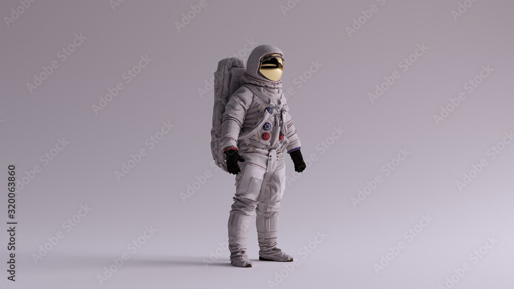 Astronaut with Gold Visor and White Spacesuit With Light Grey Background with Neutral Diffused Side Lighting 3 Quarter Right 3d illustration 3d render - obrazy, fototapety, plakaty 