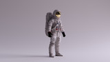 Fototapeta  - Astronaut with Gold Visor and White Spacesuit With Light Grey Background with Neutral Diffused Side Lighting 3 Quarter Right 3d illustration 3d render
