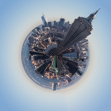Fish Eye View Of One World Trade Center And Empire State Building In City Against Sky