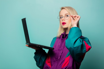 Sticker - Style blonde woman in glasses with laptop computer