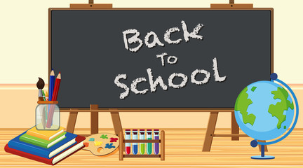 Wall Mural - Back to school sign with board and school items