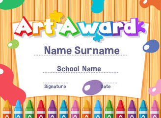 Wall Mural - certificate template for art award with paints in background