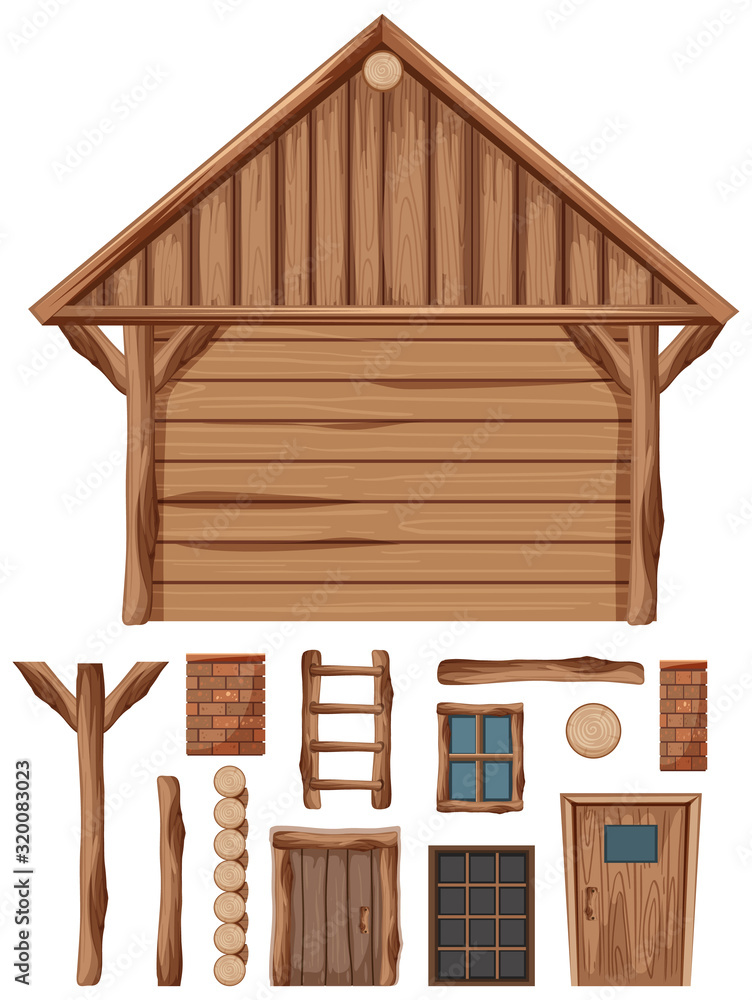 Wooden cottage and set of windows and doors - obrazy, fototapety, plakaty 
