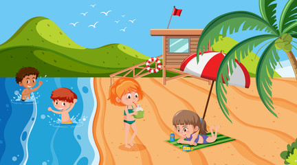 Wall Mural - Background scene with children playing on the beach