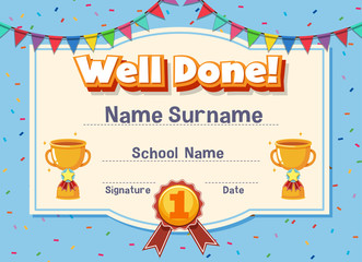 Wall Mural - Certificate template for well done with trophy and flags in background