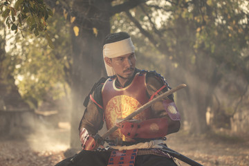 Samurai in the Ayutthaya period Wearing a warrior suit with armor By using a sword to fight