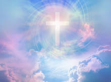 The Power And The Glory For Ever And Ever Amen - Beautiful Surreal Heavenly Cloud Scene With A White Cross And Rainbow Coloured Vortex  Providing A Religious Meditation Background 